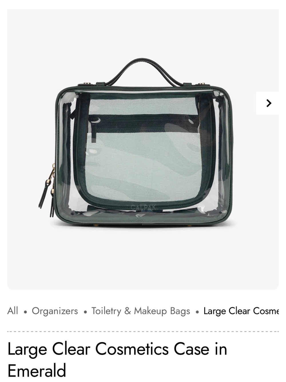 Calpak Large Clear Cosmetics Case in Emerald Trim